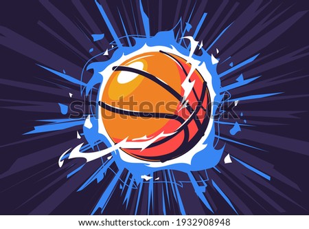 Vector illustration of a basketball on fire, with a dynamic dark background, a flaming basketball, energy around