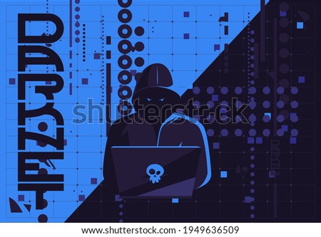 Vector illustration of a hacker man in a dark hood sitting at a laptop, darknet user, flat futuristic design internet background image 商業照片 © 
