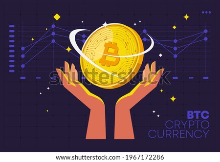 Vector illustration of two hands holding a gold coin bitcoin, cryptocurrency, btc crypto currency