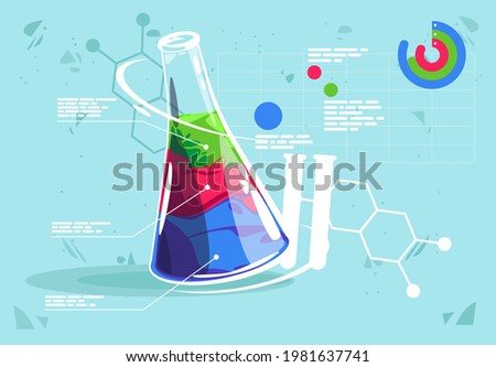Vector illustration of a chemical flask with three different liquids, description of chemical liquids, graphic elements and graphs of chemical composition analysis