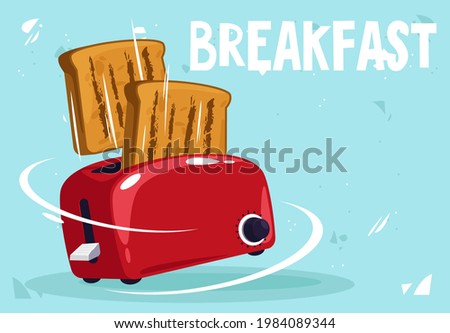 Vector illustration of a red toaster with flying toasted slices of bread, bread for breakfast