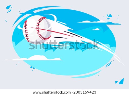 Vector illustration of a baseball ball flying fast in the air against the sky background