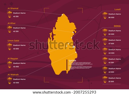 Vector illustration of Qatar silhouette map, map of football stadium cities with stadium capacity, infographic of the location of stadiums in Qatar