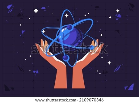 Vector illustration of two hands holding a physical particle atom