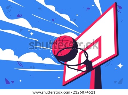 vector illustration of a basketball with a basketball ring on a sky background with clouds