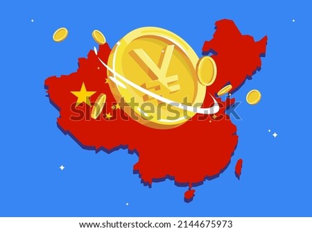 Vector illustration of a map of China with a flag and a gold yuan coin, the national monetary currency of China