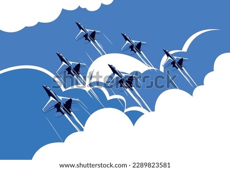 Vector illustration of the combat formation of military aircraft and fighters flying in the clouds, aviation show, eps10