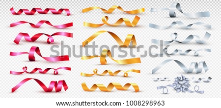 Set of red, gold and silver satin ribbon. For greeting cards and invitations of the wedding, birthday, Valentine's Day, mother's day. Vector illustration of curved tape