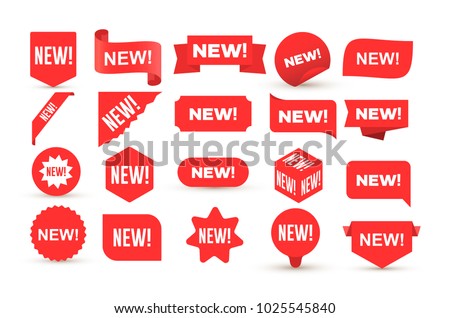 Set of new sticker. Badges with word new. Red promotion labels for arrivals shop section. Flat style cartoon. Vector illustration. Isolated on white background