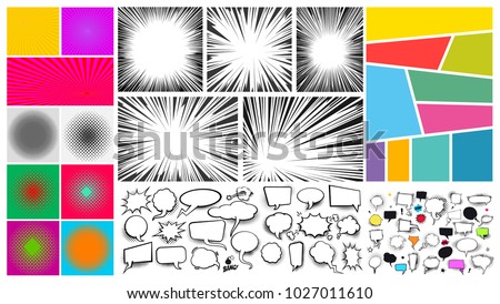 Big set of Pop art comic speech bubble sand, radial lines for comic books. Strip background with different colorful panels. Cartoon funny vintage strip mock up. Vector illustration