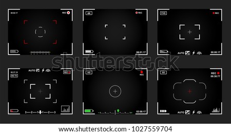 Set of black and white slr digital camera viewfinder. Record video snapshot photography. Camera back and focus frames view. Modern focusing screen. Vector illustration. Isolated on gray background
