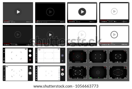 Big Set of modern video players, slr digital camera viewfinder and smartphone camera. Flat design template for web and mobile apps. Vector illustration. Isolated on white background