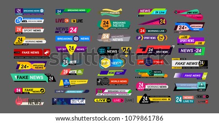 Set of TV news bars. News sign, streaming video. Breaking, fake, sport news. Interface sign. Mockup templates ready for your design. Vector illustration. Isolated on a gray background