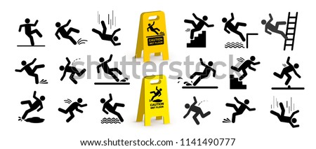 Set of caution symbols with stick figure man falling. Falling down the stairs and over the edge. Wet floor, tripping on stairs. Workplace safety. Vector illustration. Isolated on white background