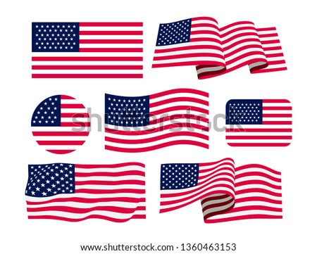 Set of American flag. Icon. Print. Vector illustration. Isolated on white background.