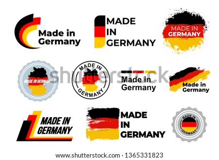 Made in Germany logo. Set of design German flag in map quality label icon. Vector illustration. Isolated on white background.