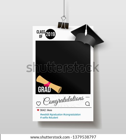 Frame with cap for grads. Graduation party photo booth props. Concept for selfie. Photobooth vector element. Congratulation grad quote. Vector illustration. Isolated on white background.