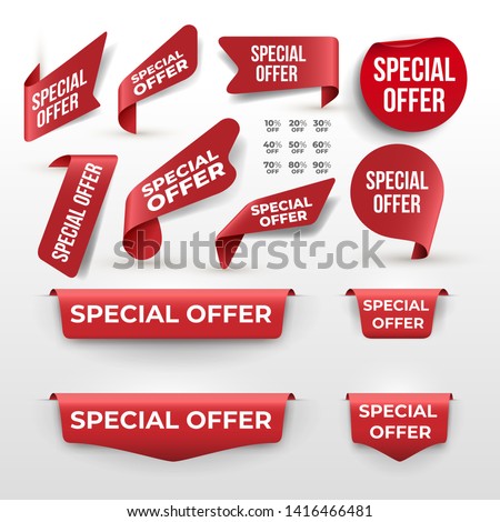 Set of Red ribbon and banner with Special Offer. Discount banner promotion template. Vector illustration. Isolated on white background.