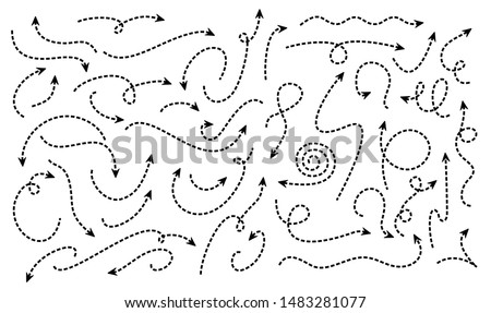 Set of hand drawn dashed arrows. Vector illustration. Isolated on white background.