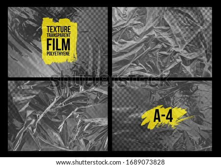 Set of texture A-4 transparent stretch film polyethylene. Design element graphic crumpled plastic wrap. Horizontal vector illustration. Isolated on black background.