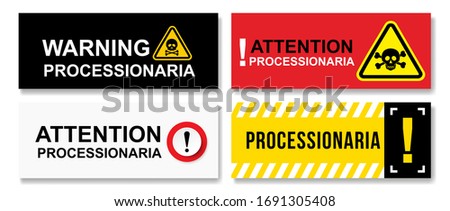 Set of Stop Pine or Oak processionary marching. Caterpillar moth procession OPM signs Tiny hairs allergic reaction. Waring Poisonous banner tree lind Beware sign Nest. Isolated vector illustration.
