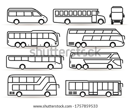 Big set of bus icon. Transport symbol black in linear style. Vector illustration. Isolated on white background.