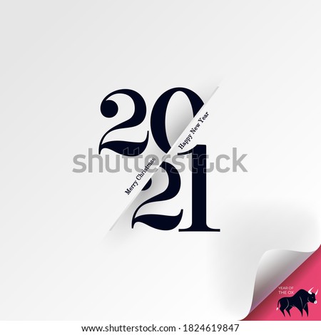 2021 Merry Christmas and Happy New Year greeting card. Logo numbers black 2021 and text on light background. Bend a sheet of paper, under it is the symbol of the year of the bull. Vector Illustration.