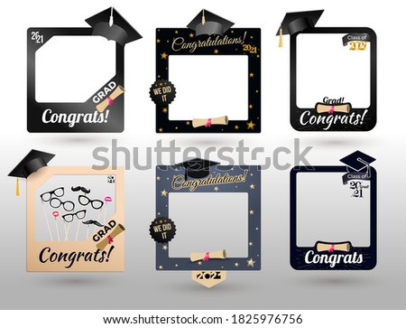 Big Set of graduation party photo booth props. Concept for selfie. Frame with cap for grads. Congratulation grad quote. Vector illustration. Isolated on white background.