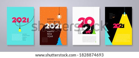 Set of 2021 Happy New Year posters. Creativity inspiration concepts with lightbulb on color background. Business solution,planning ideas. Glowing contents. Minimalist backgrounds for branding, banner.