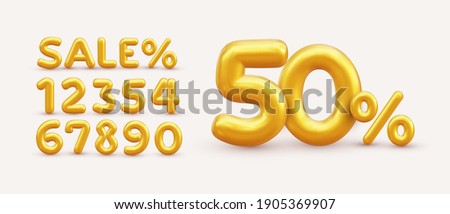 Sale off discount promotion set made of realistic numbers 3d gold helium balloons. Vector Illustration of balloon golden 50% percent discount collection for your unique selling poster, banner ads.