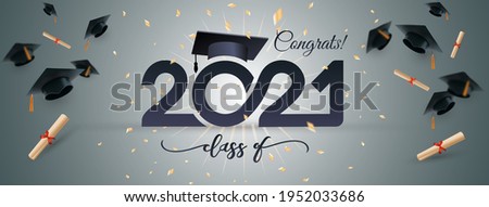 Class of 2021 typography lettering. Poster with golden glitter confetti. Congratulations graduates line design gold black cap white isolated background banner.