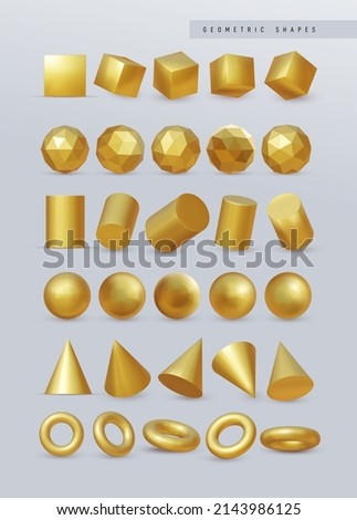 Big set of 3d gold geometry. Vector realistic render square, ball, pyramid, polyhedron, cylinder, circle yellow metallic objects, minimalist simple different angles shapes, standard primitives.