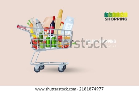 Supermarket full shopping trolley cart with fresh grocery products and red handle realistic 3D vector illustration. Self-service.Online shopping banner with shopping cart, clouds and social icons.