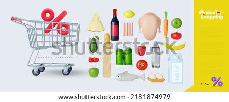 Grocery shopping promotional sale advertisement. Fast shopping cart full of fresh colorful food. Realistic vector 3d yellow great discount sale background.