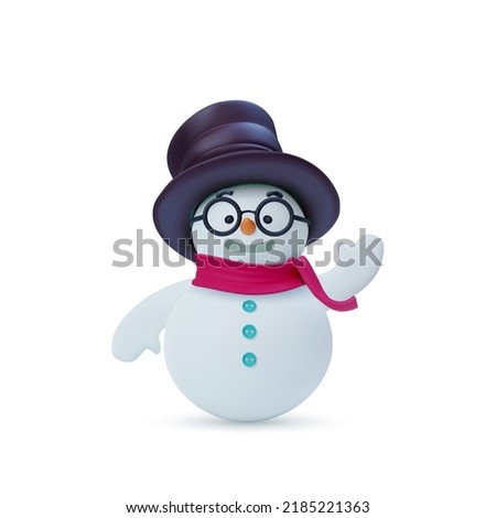 Snowman with hat and scarf isolated on white background. Realistic vector 3d Christmas snowman decorations. New Year illustration.