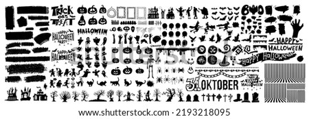 Big set of halloween silhouettes black icon and character. Design of witch, creepy and spooky elements for halloween decorations, sketch, icon, sticker. Hand drawn vector solated background.