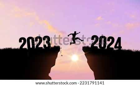 Welcome Merry Christmas and Happy New Year in 2024, Vector black silhouette man jumping from 2023 cliff to 2024 cliff with cloudy sky and sunlight. Сoncept of moving from year to year.