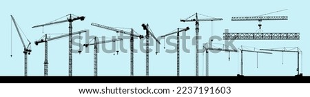 Big set of tower construction crane. Silhouette crane working building. Illustration with building cranes isolated on white background. Vector line art.