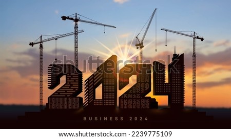 Silhouette construction cranes and houses in the form of numbers 2024. Large construction site, many construction cranes set vector numbers 2024. Construction team sets numbers for New Year 2024.