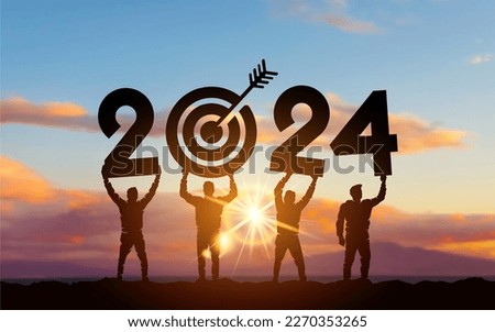 Silhouette people holding numbers 2024 with colorful dramatic sky at sunset. Hit the target. Concept for success in the future goal and passing time. Template Vector illustration.