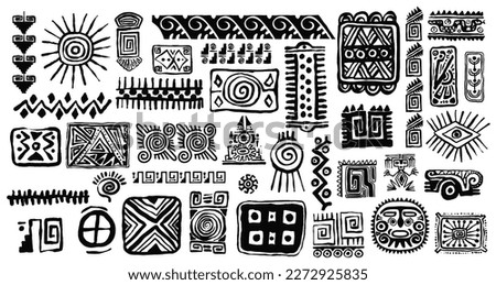 Set of Mexican gods symbols. Abstract aztec animal bird totem idols, ancient inca maya civilization primitive traditional signs. Vector ornament of native americans, aztecs, maya, incas.