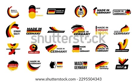 Made in Germany. Mega set of logos, labels, stickers, pointer, badge, symbol and page curl with German flag icon on design element. Collection vector illustration. Isolated on white background.