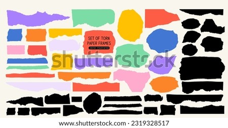 Set of Torn Paper Frames. Colored and black vector collage shape of ripped papers silhouettes isolated on white background. Old vintage paper backgrounds. Abstract overlay scratched design.