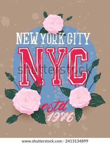 New York lettering. NYC New York Rose Varsity Graphic. Brush stroke urban graffiti style New York typography. Vector design for slogan tee, t shirt, print, fashion graphic, poster, card, texture.