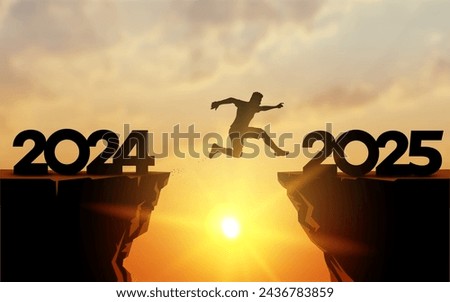 Welcome Merry Christmas in 2025. A young man jump between 2024 and 2025 years over the sun and through on the gap of hill silhouette evening colorful sky. Happy new year. Vector illustration.