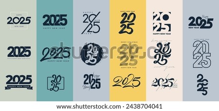 Big collection of 2025 Happy New Year signs. 2025 Happy New Year symbols. Greeting card artwork, brochure template set. Vector illustration with black holiday labels isolated on white background.