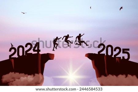 Silhouette of mens jumping from a cliff over a cliff with sunlight. Sunset sky with clouds and flying birds. Leap concept in 2025. concept jump 2024 into the New Year 2025. Vector business concept.