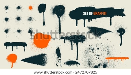 Big set of blots. Spots of paint on a white background. Grunge frame of paint. Graffiti spray banner. Vector spray paint shapes with smudges. Vector illustration.