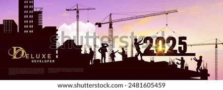 Large construction site, many construction cranes set numbers 2025. Black silhouette staff works as a to prepare to welcome the new year. Construction team sets numbers for New Year 2025. Vector.