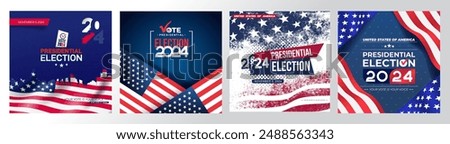 Square poster vector graphic of United States flag set. Presidential election and year 2024 perfect for election day in United States. USA star with american flag colors and vector symbols. November 5